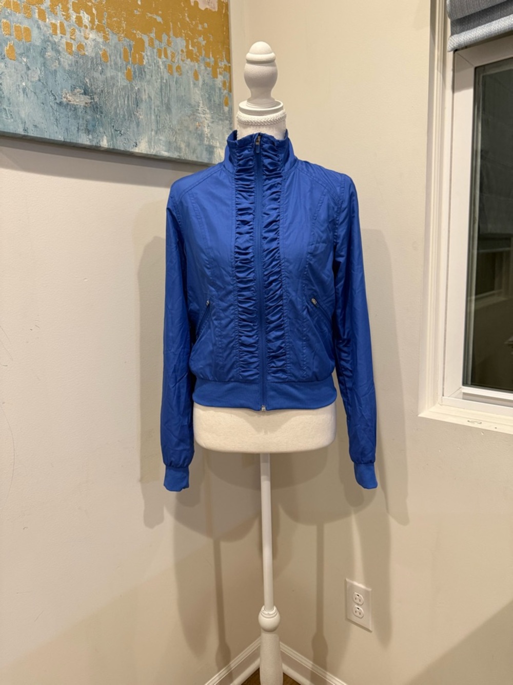 Forever 21 Blue Ruffle-Trim Bomber Jacket size small Michael Jackson Smurf